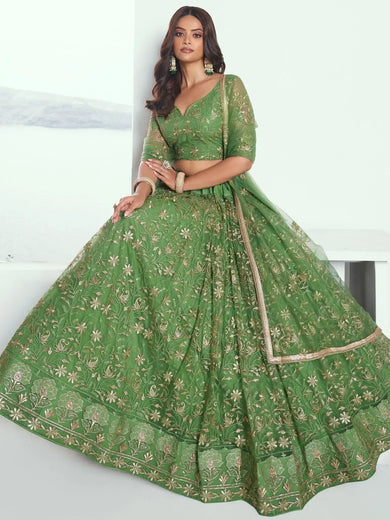 Attractive Green Color Embroidered Net Mehendi Wear Lehenga Choli - Ethnic Plus In